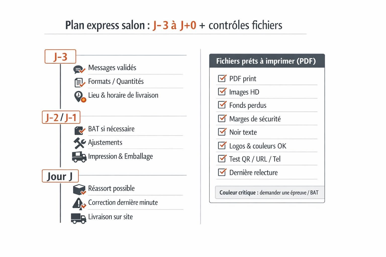 Rétroplanning salon professionnel J-3 à J+0 et checklist de contrôle des fichiers PDF avant impression pour un stand à Paris.