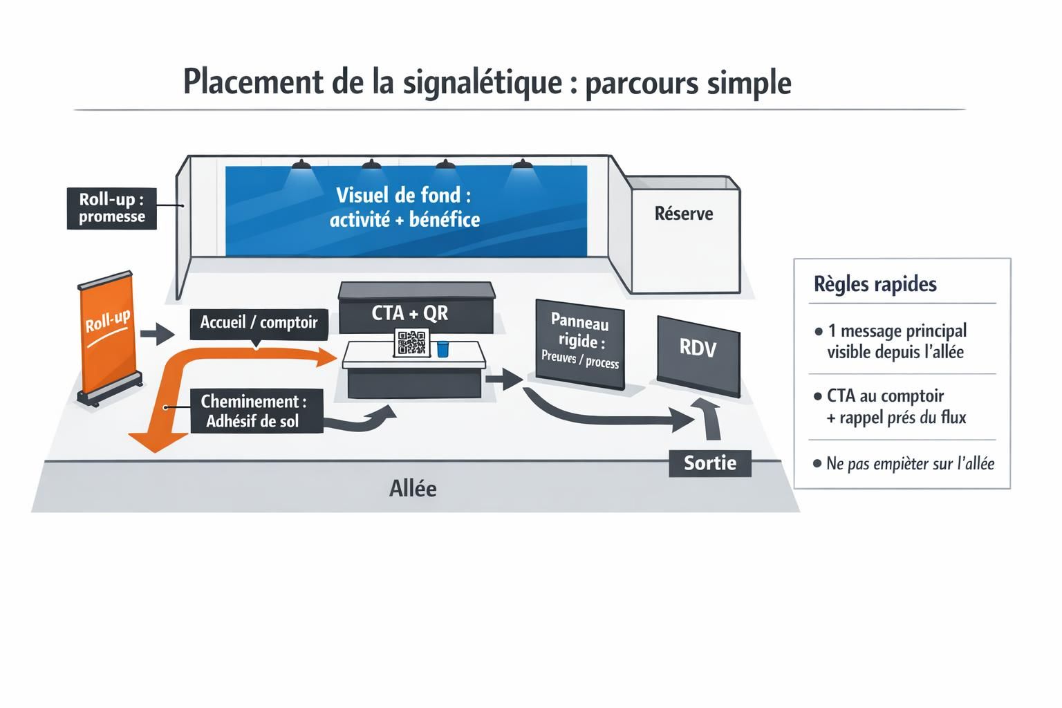Schéma de stand avec zones entrée, accueil, démo et rendez-vous, indiquant où placer roll-up, visuel de fond, panneaux, QR code au comptoir et adhésif de sol.