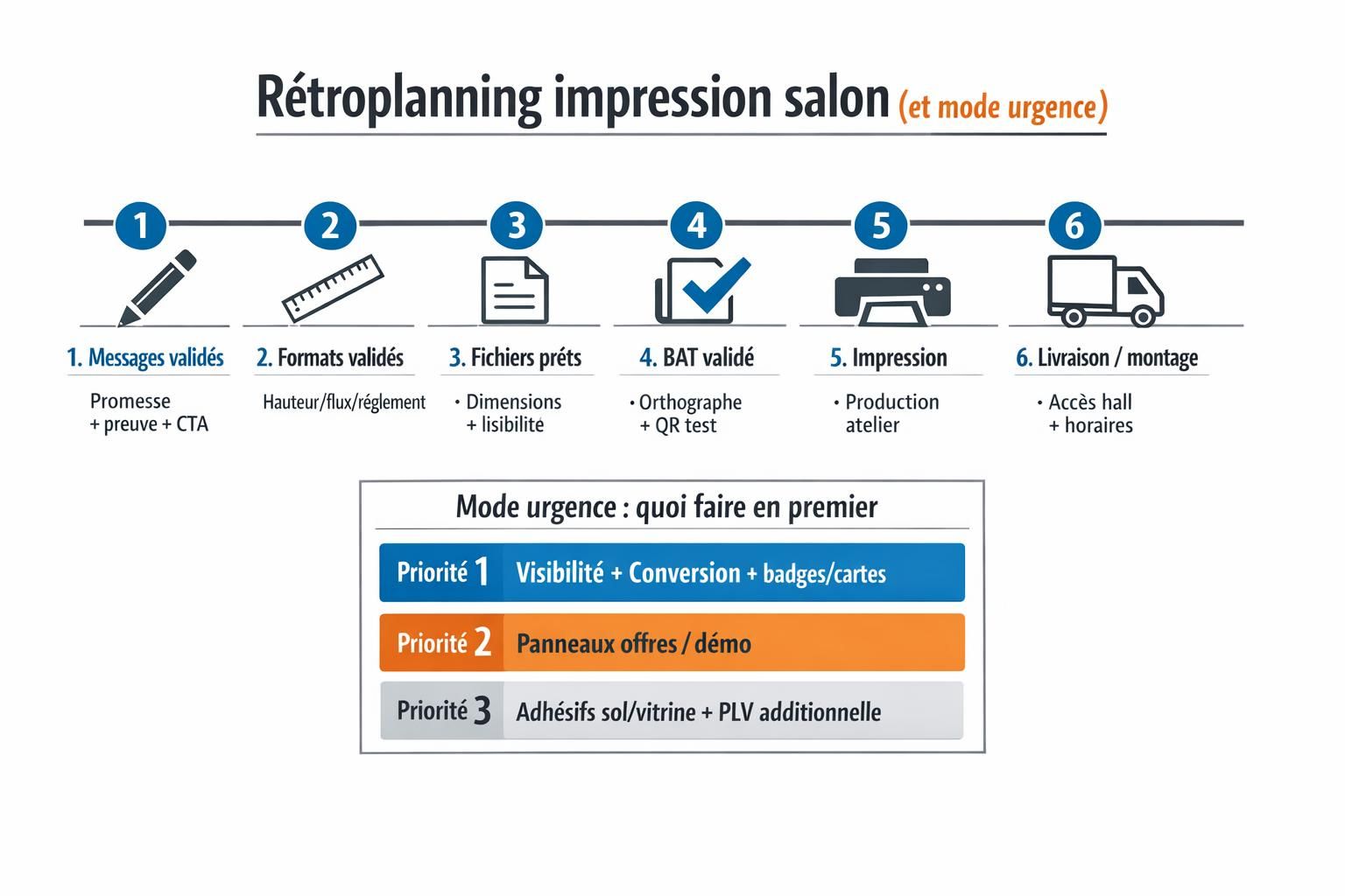 Timeline de rétroplanning pour l’impression de signalétique de salon, avec étapes de validation jusqu’à la livraison et un encadré de priorités en mode urgence.